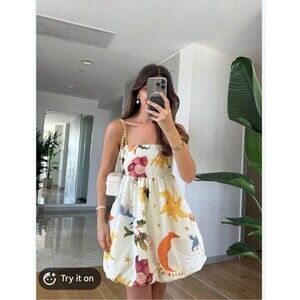 Cute Vacation Floral Print Spaghetti Strap Camisole Ruffle Hem Dress Small